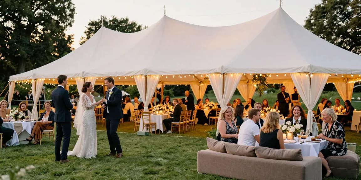 Elegant marquee hire London setup for a summer wedding celebration with guests enjoying under fairy lights.