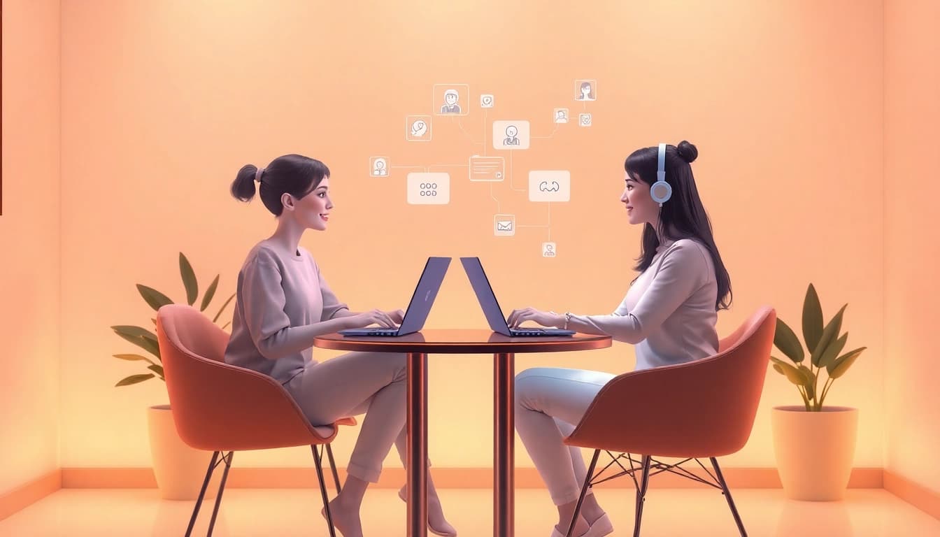 Engaging with an AI girlfriend in a cozy digital cafe setting, showcasing a friendly virtual interaction.