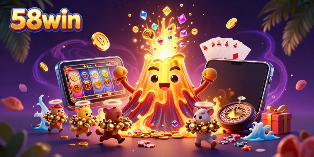 Experience thrilling wins at 58win with a vibrant scene of a volcano erupting coins and treasures.