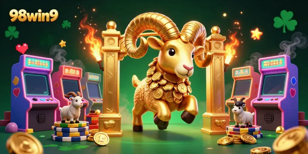 Experience excitement with the 98win9 golden ram charging through a vibrant casino scene enriched with games.