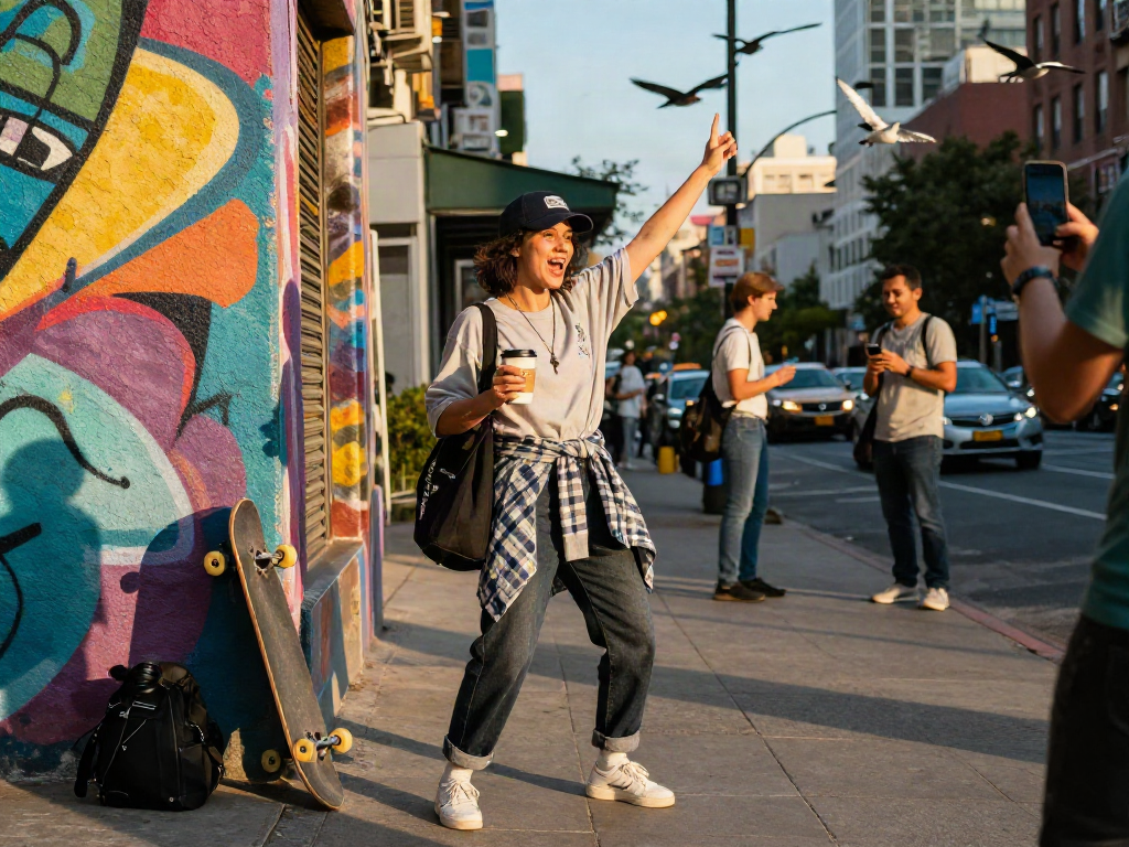 The ai slut lifestyle moment of self-expression in urban fashion as a person poses against colorful street art.