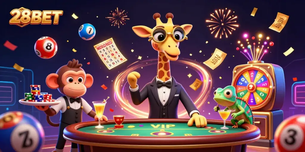 Feel the excitement with 28BET as animated characters engage, showcasing vibrant lottery balls and gaming action.