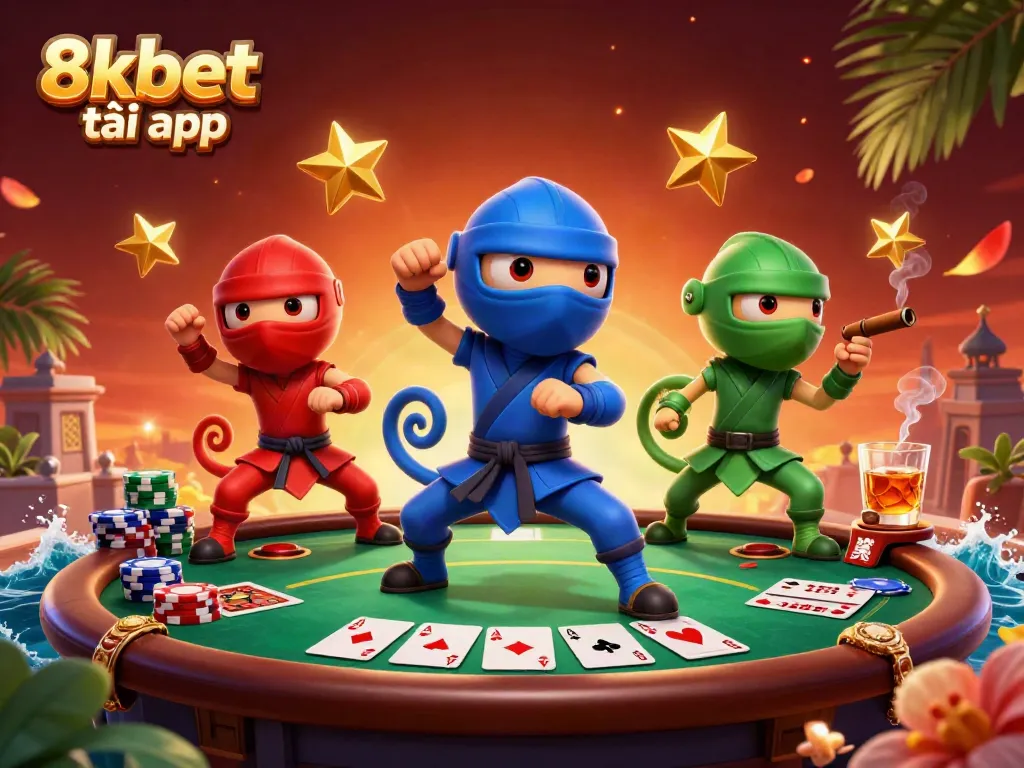 Capture the action with 8xbet tải app as ninja chameleons perform martial arts amidst poker chips and cards.