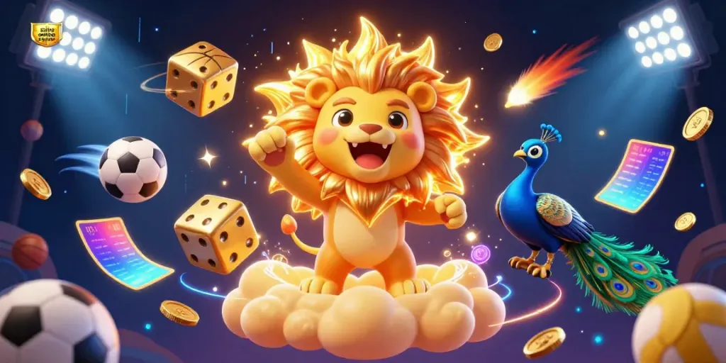 Engage in thrilling gameplay at a safe online casino, featuring a lion, golden dice, and dynamic sports elements.