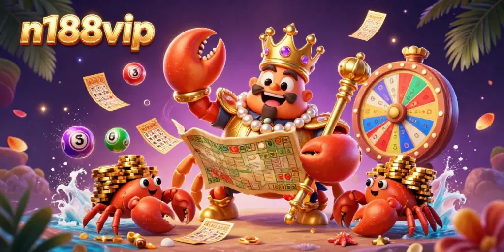 Experience vibrant gaming with n188vip as a golden crab emperor oversees a dynamic casino-themed scene.