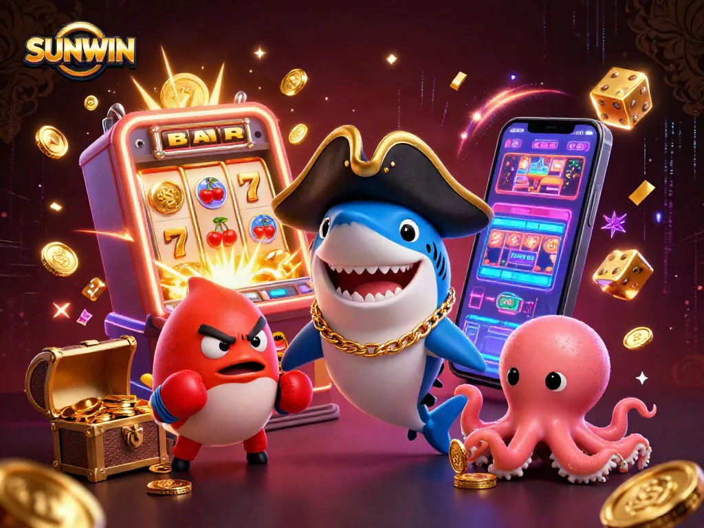 SUNWIN showcases exciting gameplay with animated characters and slot machine action in this vibrant casino scene.