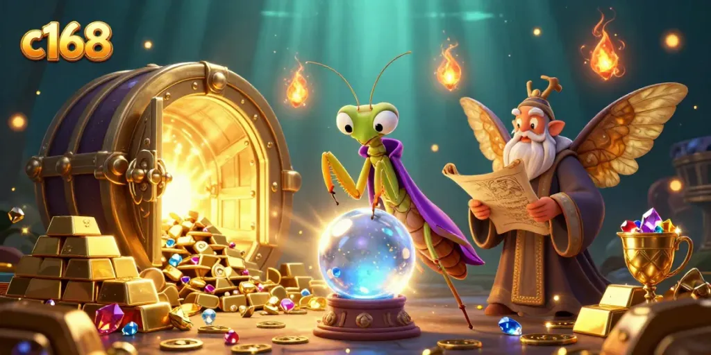 Engage with c168 slot adventures depicted in a magical 3D scene of a fortune teller.