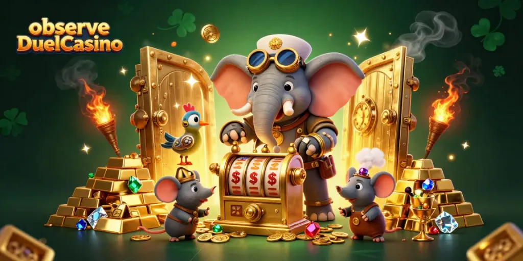 Engage with the exciting atmosphere as you observe DuelCasino's steampunk elephant engineer at a dynamic scene with treasures.