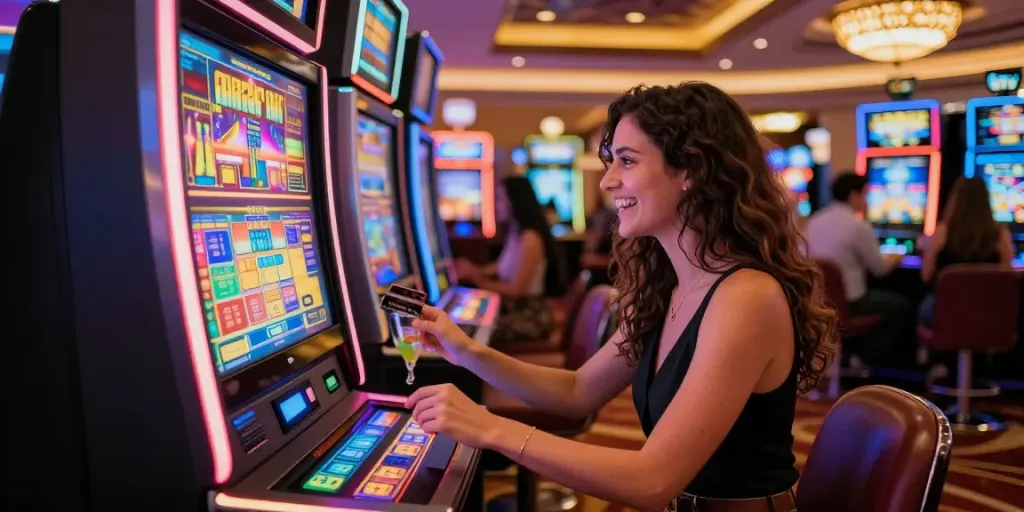 Woman enjoying slots that accept credit cards in a vibrant casino atmosphere.
