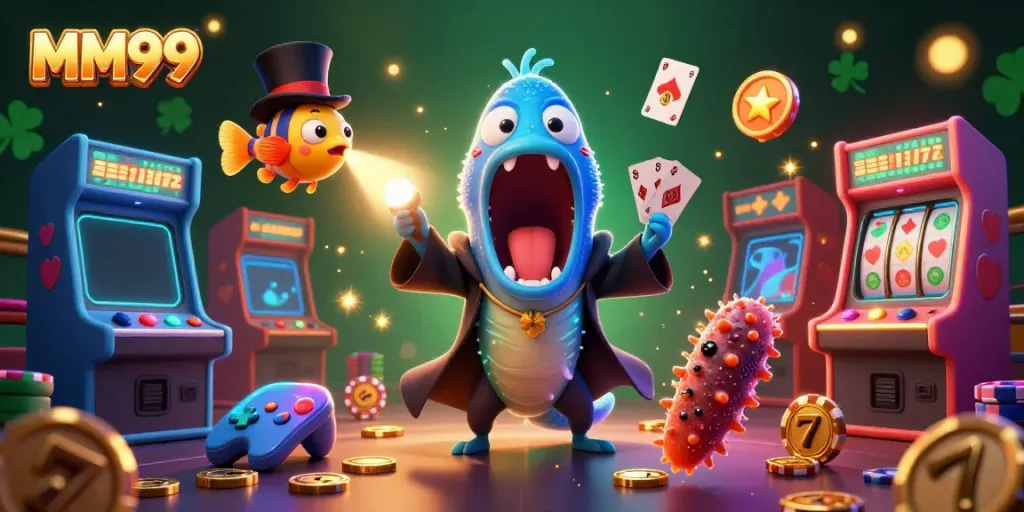 Experience thrilling casino magic with MM99 featuring a bioluminescent eel and anglerfish in a vibrant scene.