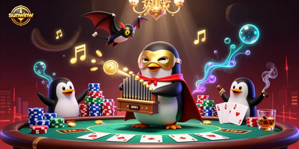 Engage with sunwinw exciting casino atmosphere featuring a penguin organist playing golden coins.