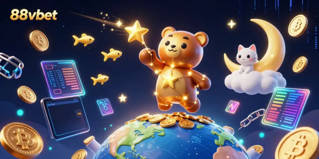 Experience gaming excitement with 88vbet as a constellation bear scoops coins from Earth amid cryptocurrencies.