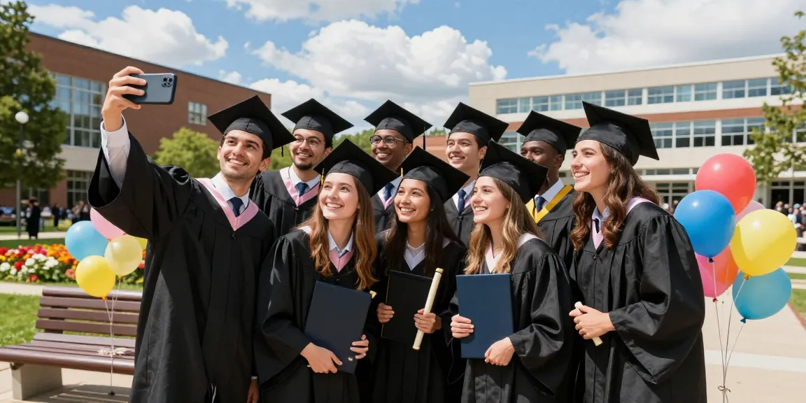 University and trade schools graduates celebrating achievements outdoors with diplomas and smiles.