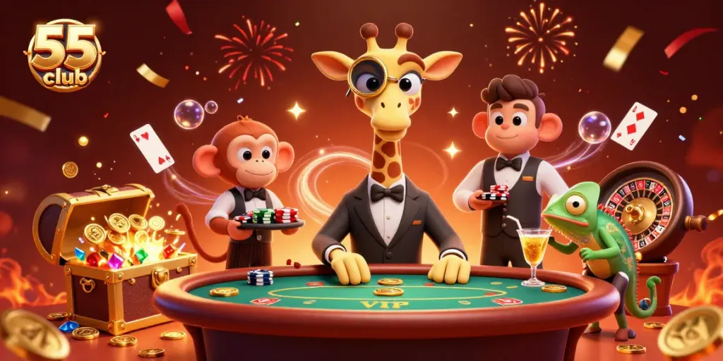 Engage in thrilling poker games at 55 club with a vibrant scene featuring a giraffe and monkey at a VIP table.