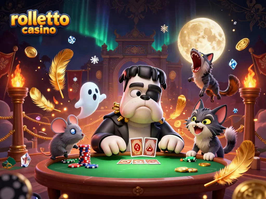 Engage at rolletto casino with a vibrant 3D scene showcasing a Frankenstein bulldog dealer, ghost mouse, and werewolf kitten.