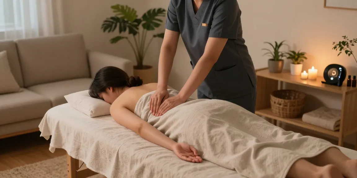 The serene 상봉동출장안마 scene of a professional massage therapist soothing a client in a calming home setting, enhancing relaxation.