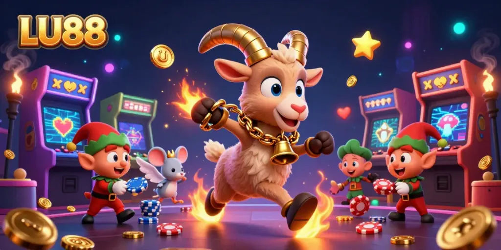 Experience thrilling gaming at LU88’s festive casino with whimsical characters in an engaging 3D scene.