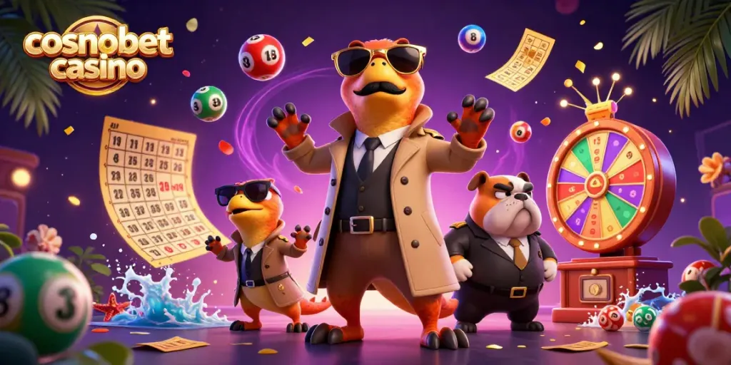 Experience the thrill of cosmobet casino with vibrant games and animated characters in a dynamic scene.
