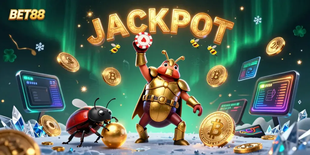 Engage with BET88's high-energy gaming scene featuring cartoon characters in a victory pose and crypto elements.