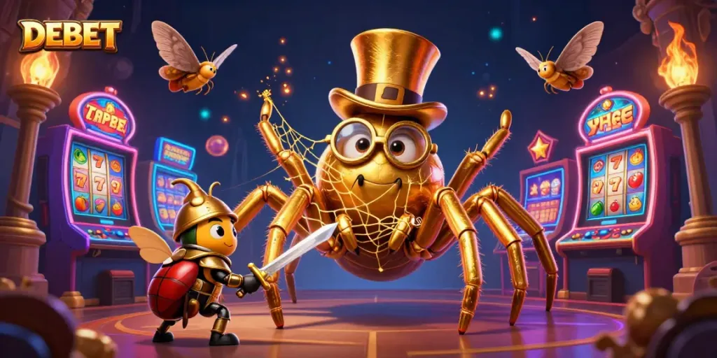 Engage with DEBET's casino excitement featuring a golden tarantula and beetle knight amidst dynamic slot games.