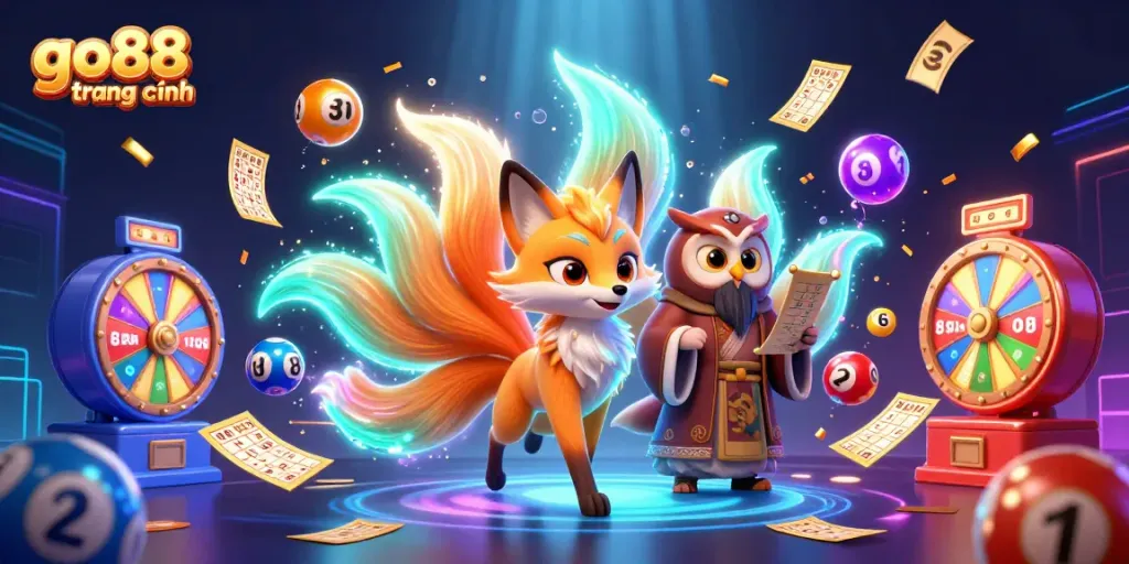 Engage with go88 trang chính as glowing spirit orbs and colorful lottery elements create a vibrant gaming atmosphere.