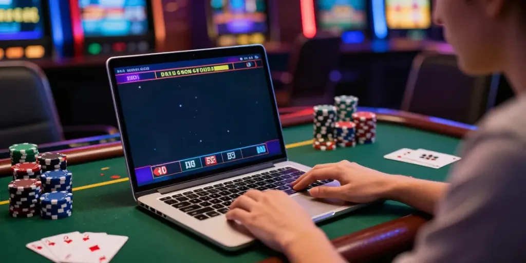 Exciting scene of a player engaging with new non gamstop casinos on a laptop surrounded by vibrant casino decor.