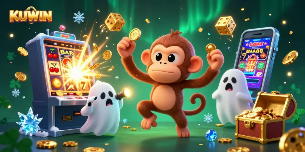 KUWIN offers thrilling gaming excitement with a vibrant haunted casino scene featuring golden coins and jackpot symbols.