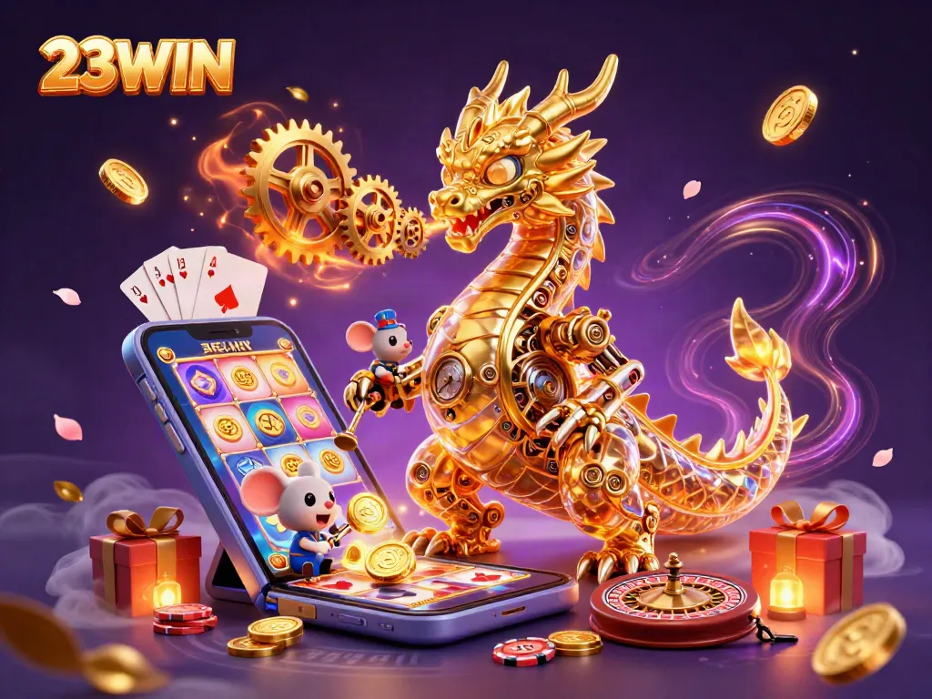 Experience thrilling wins with 23WIN in a dynamic, vibrant casino-themed illustration.