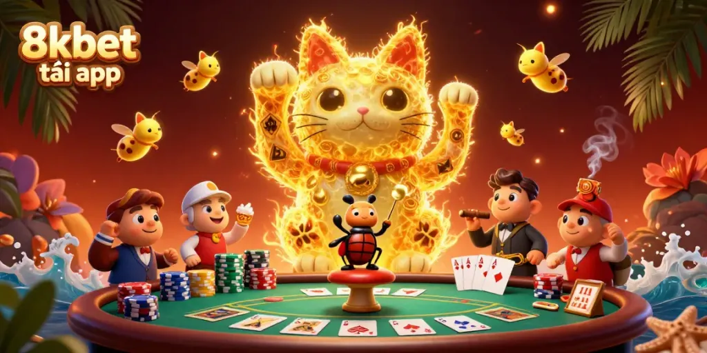 Join the fun with 8xbet tải app as golden fireflies animate in a vibrant casino scene.