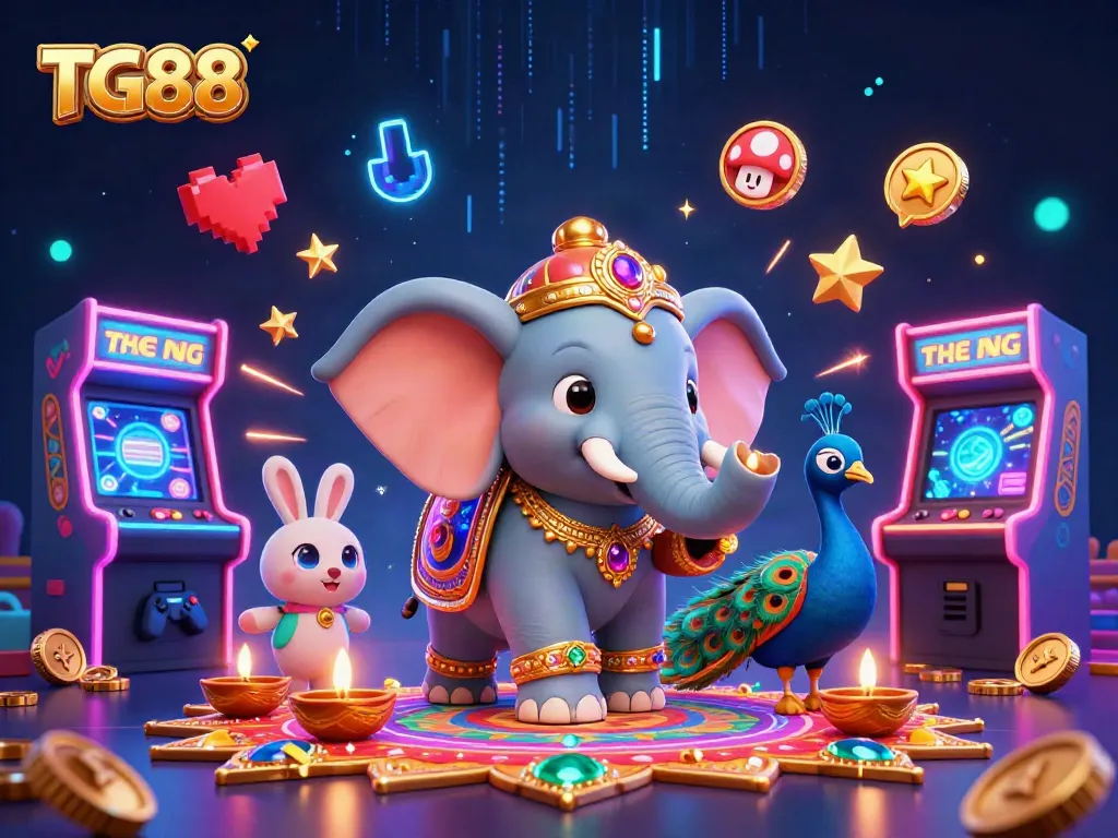 Engage in thrilling casino excitement with TG88's vibrant cartoon elephant, peacock, and colorful game elements.