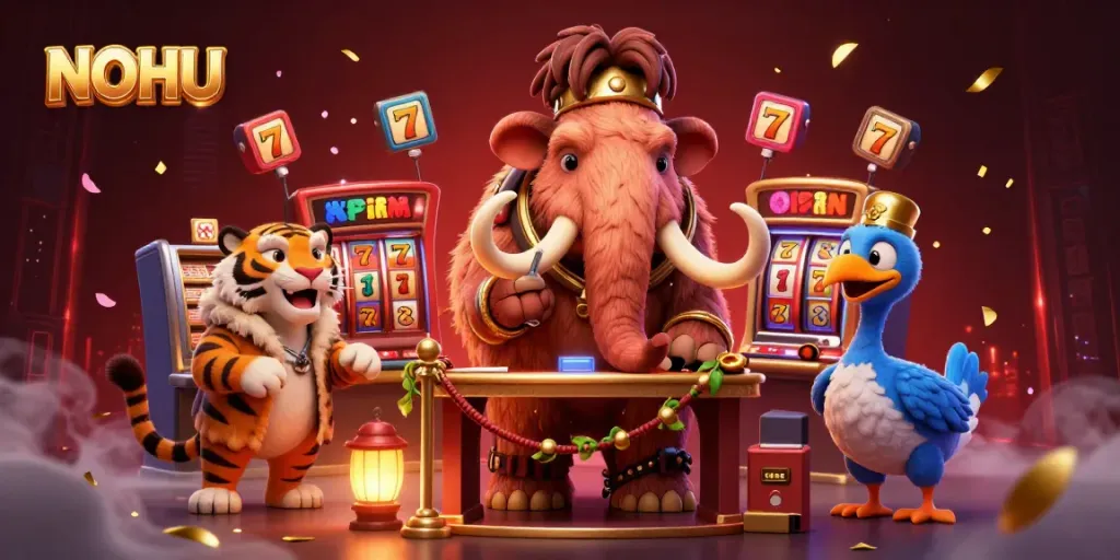 NOHU bouncer checks IDs at a vibrant casino with slot reels and festive decorations.