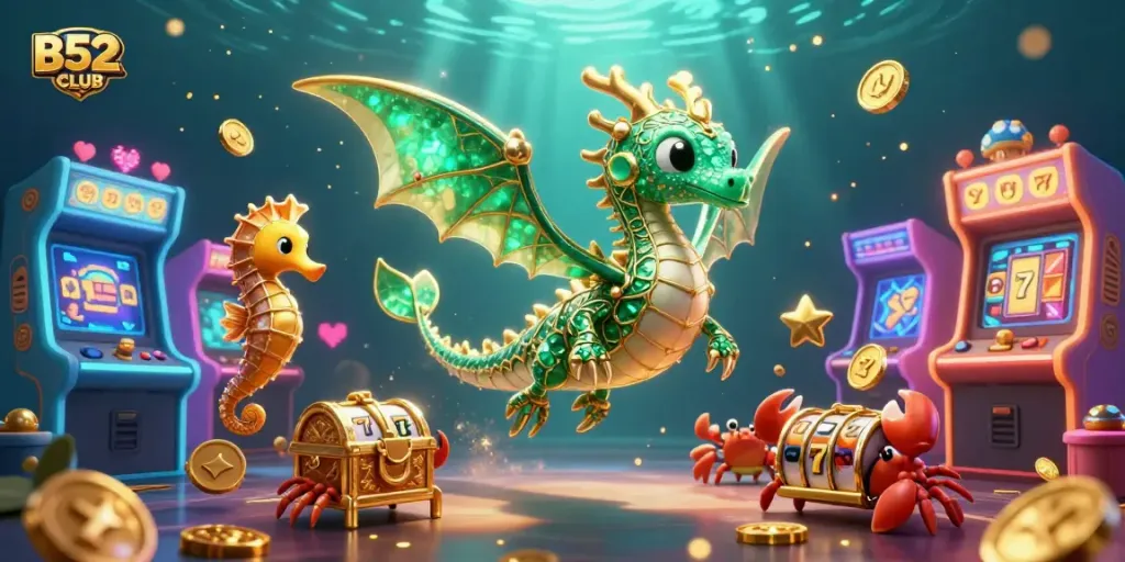 B52CLUB's sea dragon character spins lucky slots with vibrant gaming elements, creating a captivating casino scene.
