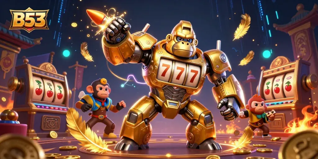 Experience exhilarating gaming action with the B53 gorilla mech bombarding with coins in a vibrant casino atmosphere.
