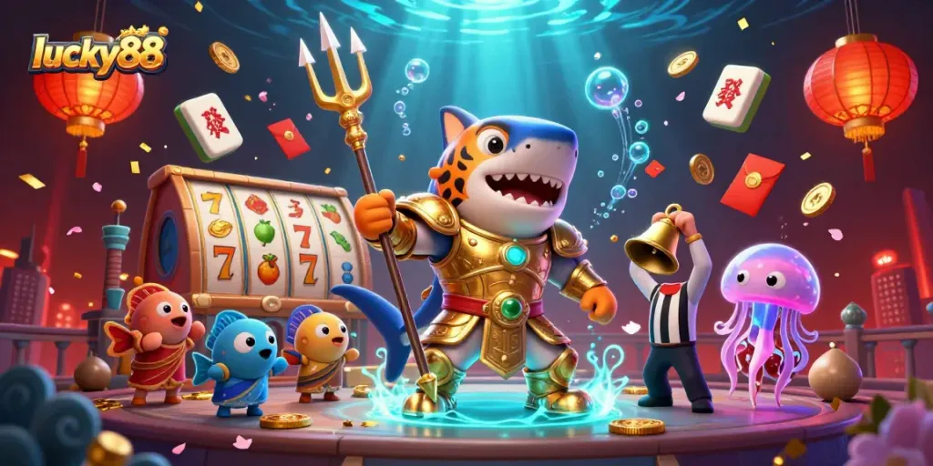 Engage with lucky88 slot reels and vibrant elements in this captivating underwater casino illustration.