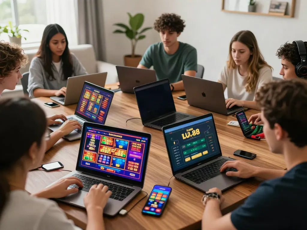 LU88 players engaging with dynamic online casino games in an energetic atmosphere.
