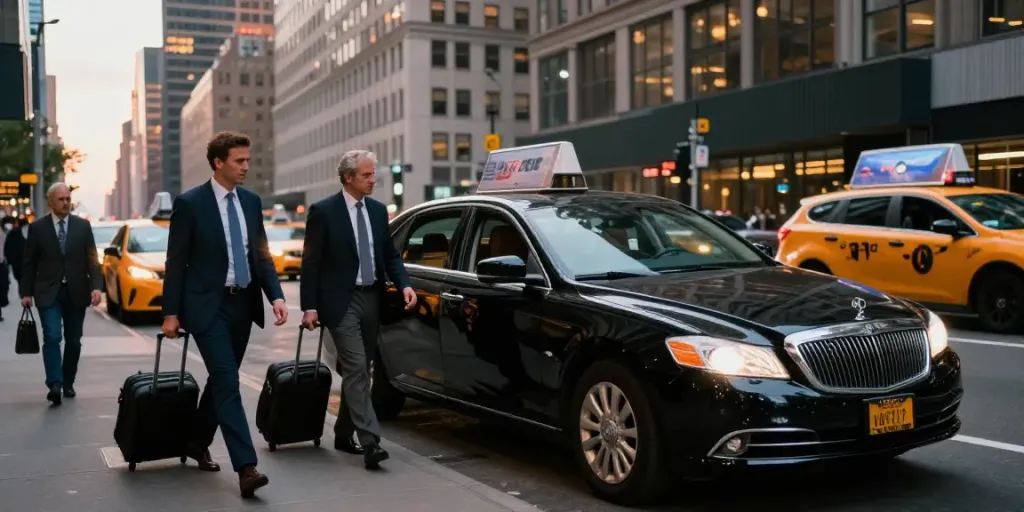 Luxury car service from NYC with professional chauffeur, city skyline backdrop, busy streets.
