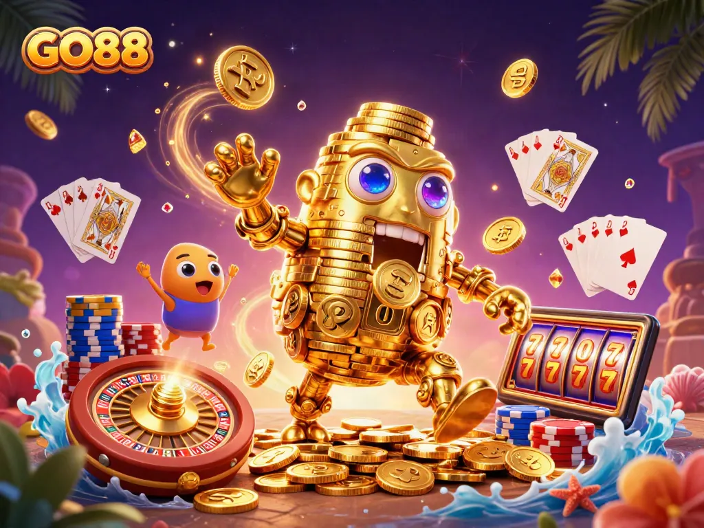 Experience epic wins at GO88 with dynamic golden golem casino illustration filled with lucky symbols.