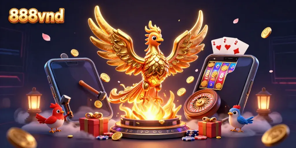 Experience the excitement of 888vnd with a dynamic scene of gaming and winning elements.