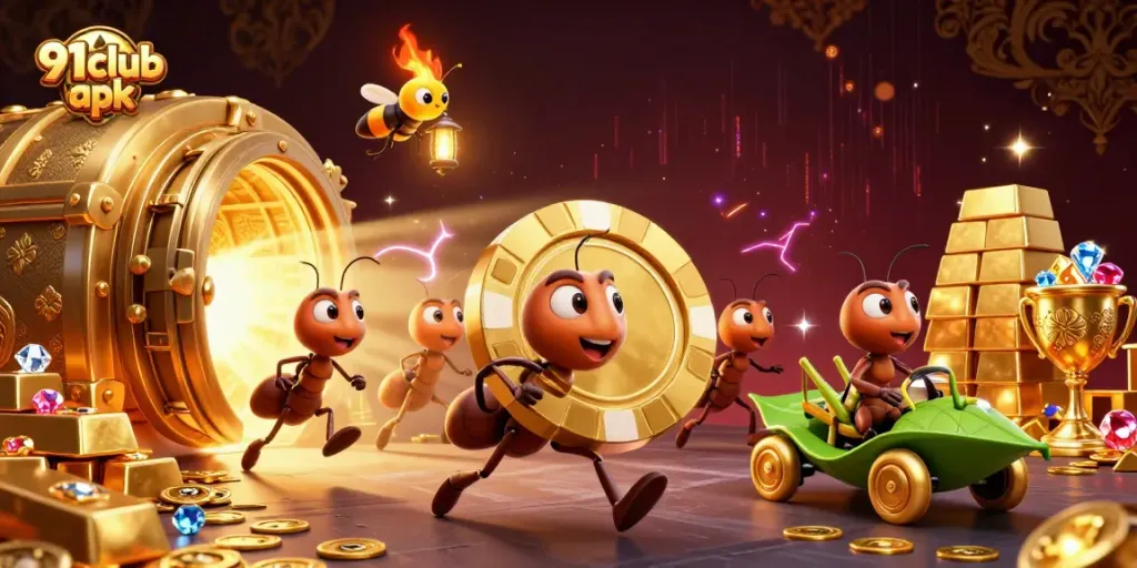 Catch excitement with the 91club apk as ants execute a daring heist for golden poker chips amidst a dazzling treasure
