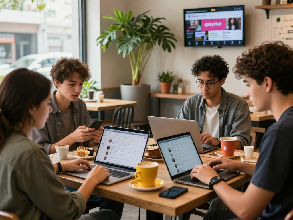 Engaging group discussing spicychat features with coffee in a vibrant café.