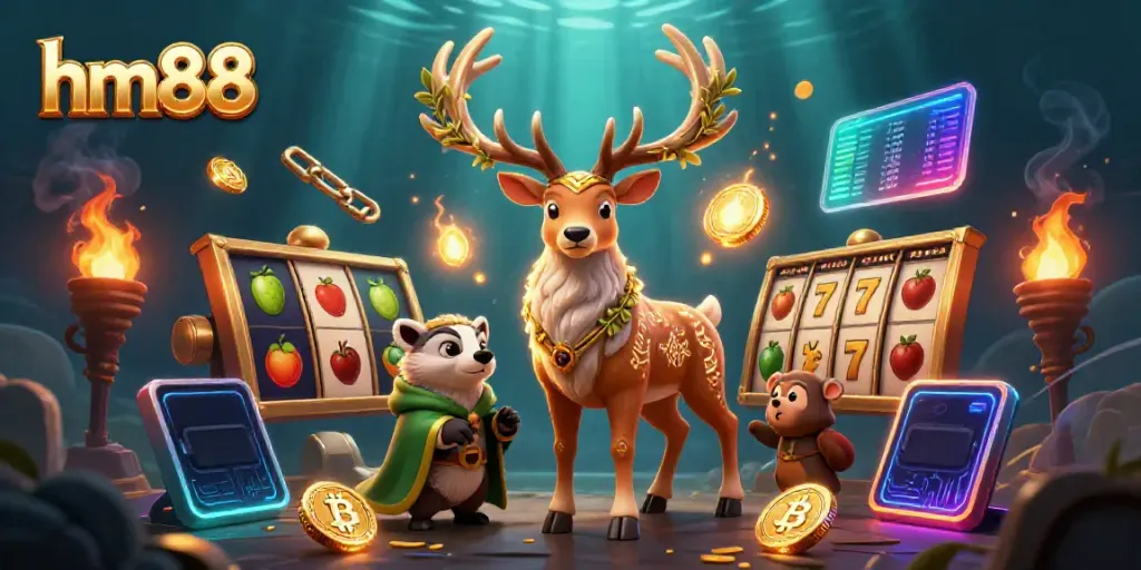 Engage in vibrant casino action with hm88 featuring druid stag and badger amidst slot reels and glowing coins.