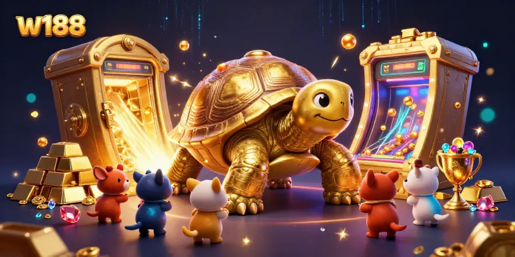 w188 offers an exciting casino atmosphere with a golden tortoise pinball machine and treasure vault bursts.