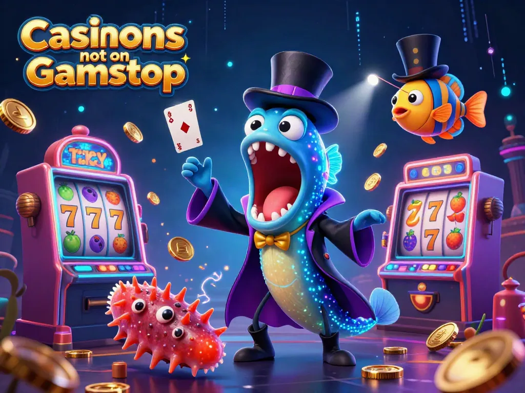 Experience thrilling magic at Casinos not on Gamstop with a dazzling scene of sea creatures performing tricks amidst slot machines.