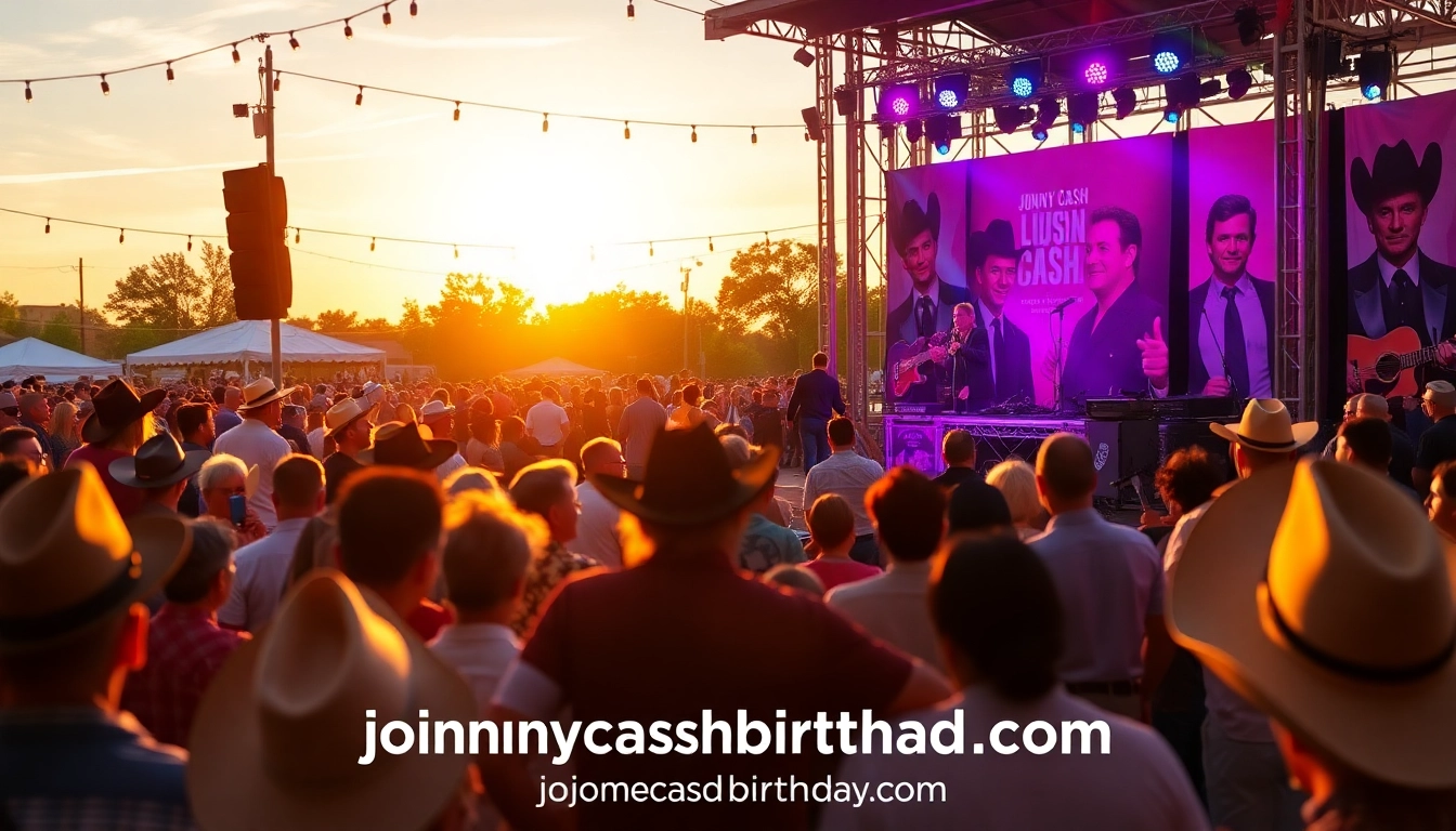 Celebrate Johnny Cash's birthday on johnnycashbirthday.com with a lively concert scene featuring fans, musicians, and nostalgic Americana.