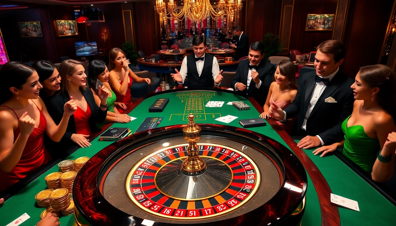Excited players engaging at an elegant roulette table at https://fun88.supply/, showcasing high-stakes gambling action.