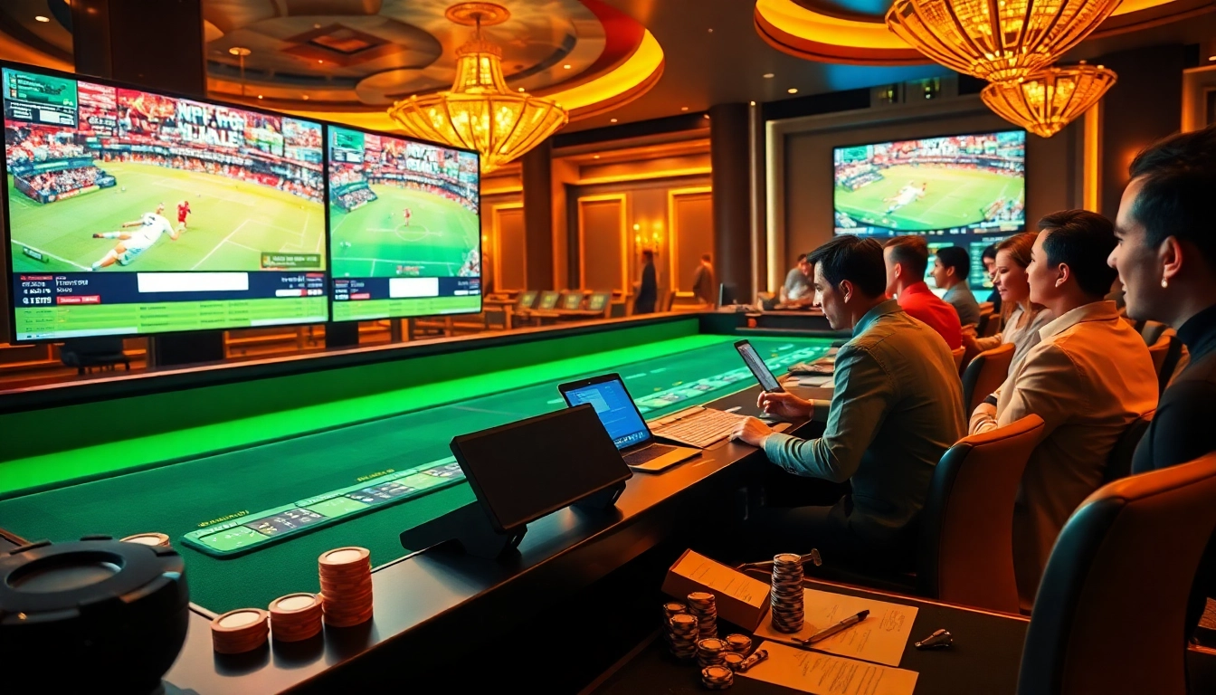 Cakhiatv users engage in a thrilling sports betting scene at a luxurious casino.