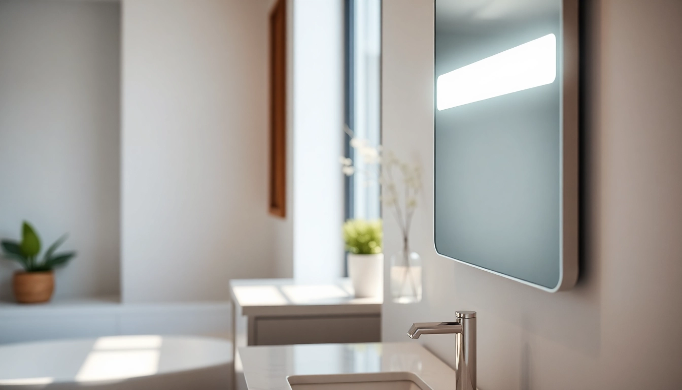 Brightly lit mirror light mirror enhances a modern bathroom's elegance and serenity.