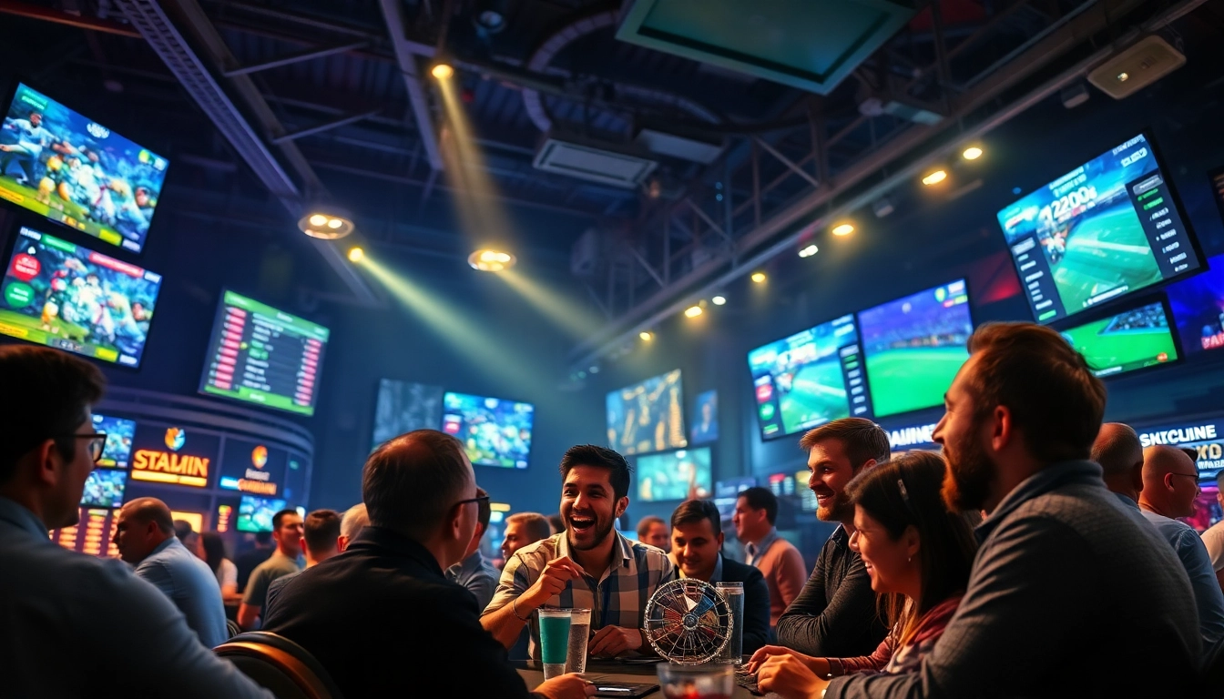 DAGAWIN.LIVE - Exciting live betting atmosphere with enthusiastic bettors and vibrant screens showcasing odds.