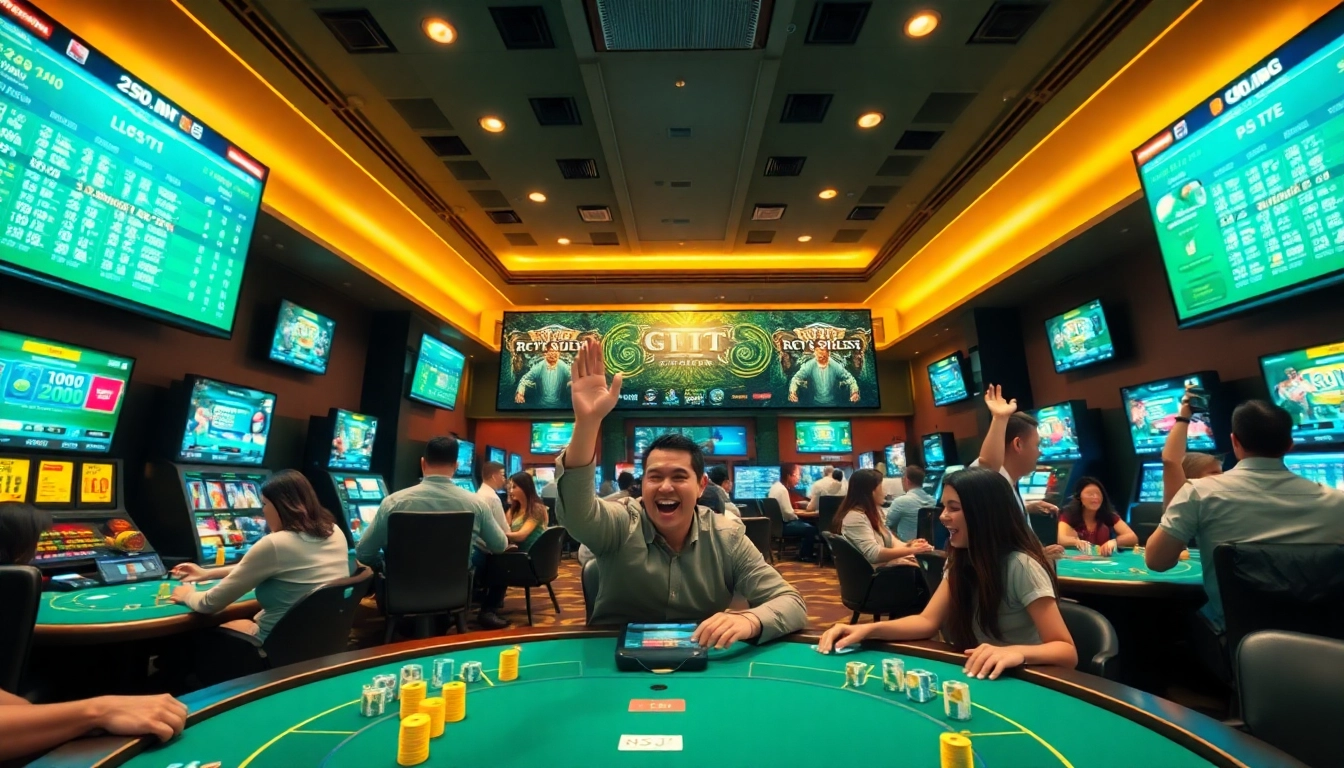 SboBet.dance online casino scene with players enjoying poker and betting activities, vibrant and engaging.