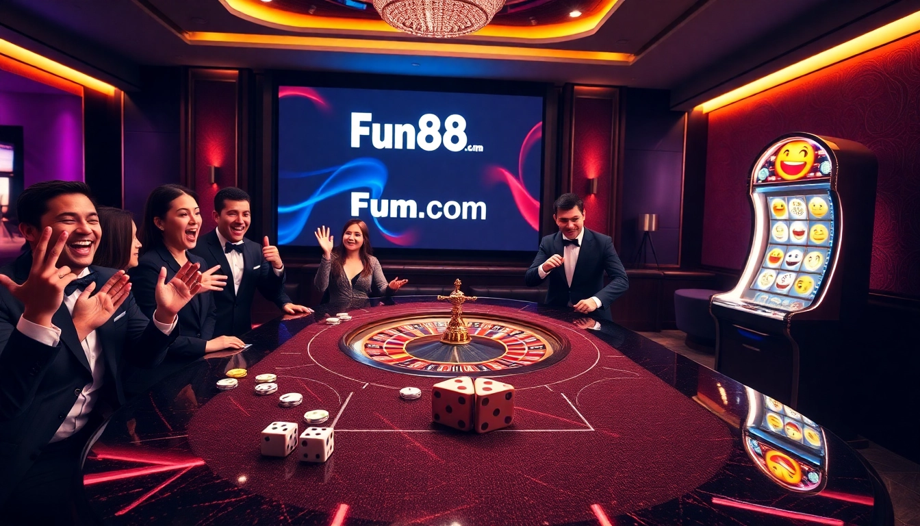 Experience the excitement of Fun88.com with an engaging casino scene featuring players and vibrant gambling elements.